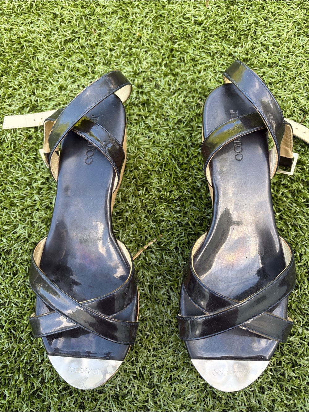 Jimmy Choo navy blue ankle strap wedges
